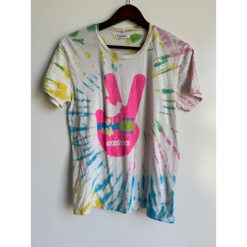 Lauren Moshi Woodstock Tie Dye Graphic Tee Pink Peace Sign 3 Days Peace Music XS